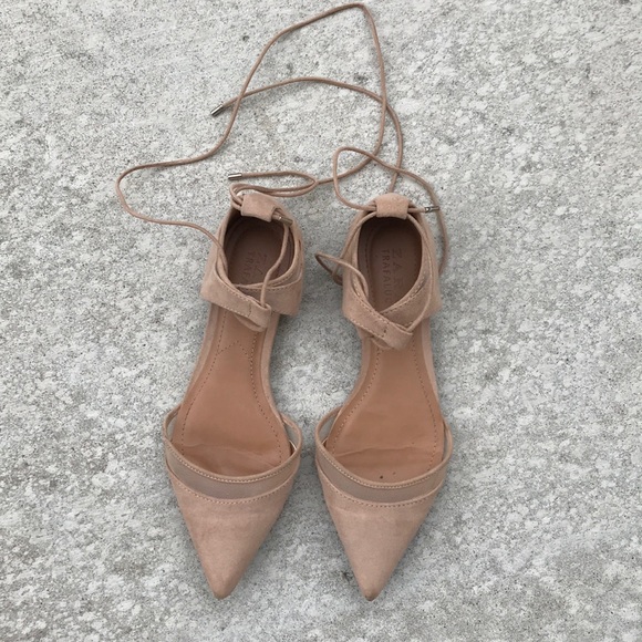 Zara Shoes - Zara nude mesh suede pointy flats ankle ties 37